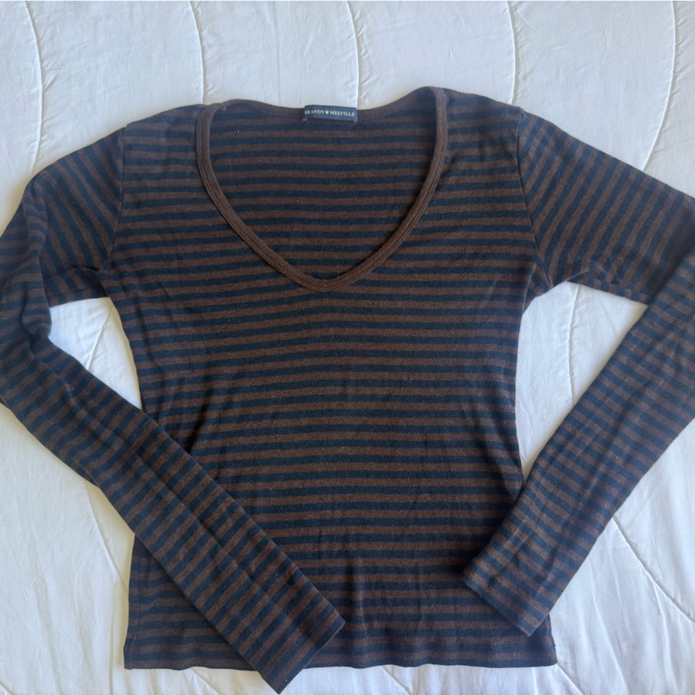 Brandy Melville Brown and Black Striped Long Sleeve V-Neck Top